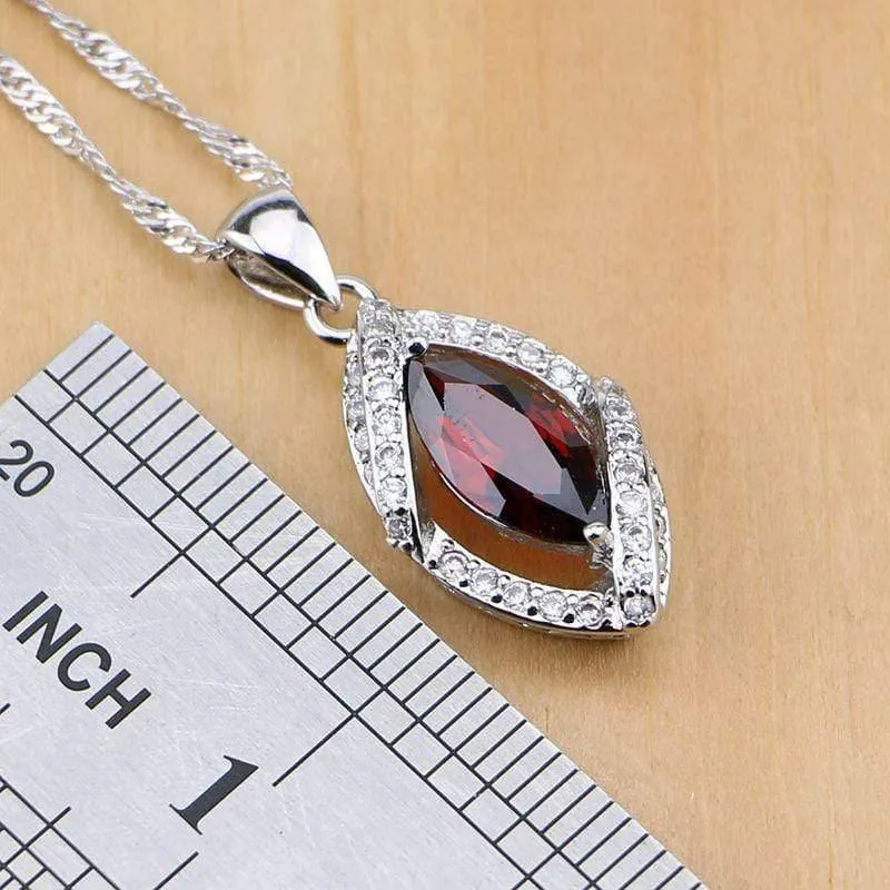 925 Schmuck-Set mit roten Zirkonia und weißen CZ-Schmucksets für Frauen, Hochzeit, Ohrringe/Anhänger/Halskette/Ringe