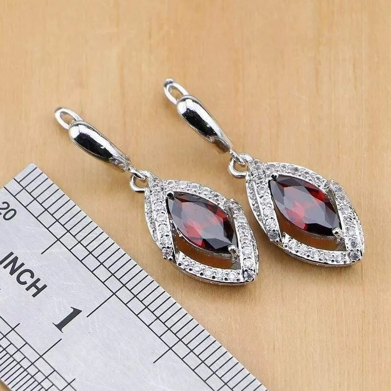 925 Schmuck-Set mit roten Zirkonia und weißen CZ-Schmucksets für Frauen, Hochzeit, Ohrringe/Anhänger/Halskette/Ringe