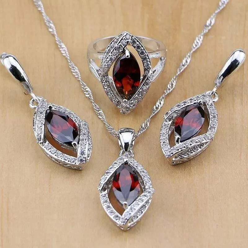 925 Schmuck-Set mit roten Zirkonia und weißen CZ-Schmucksets für Frauen, Hochzeit, Ohrringe/Anhänger/Halskette/Ringe