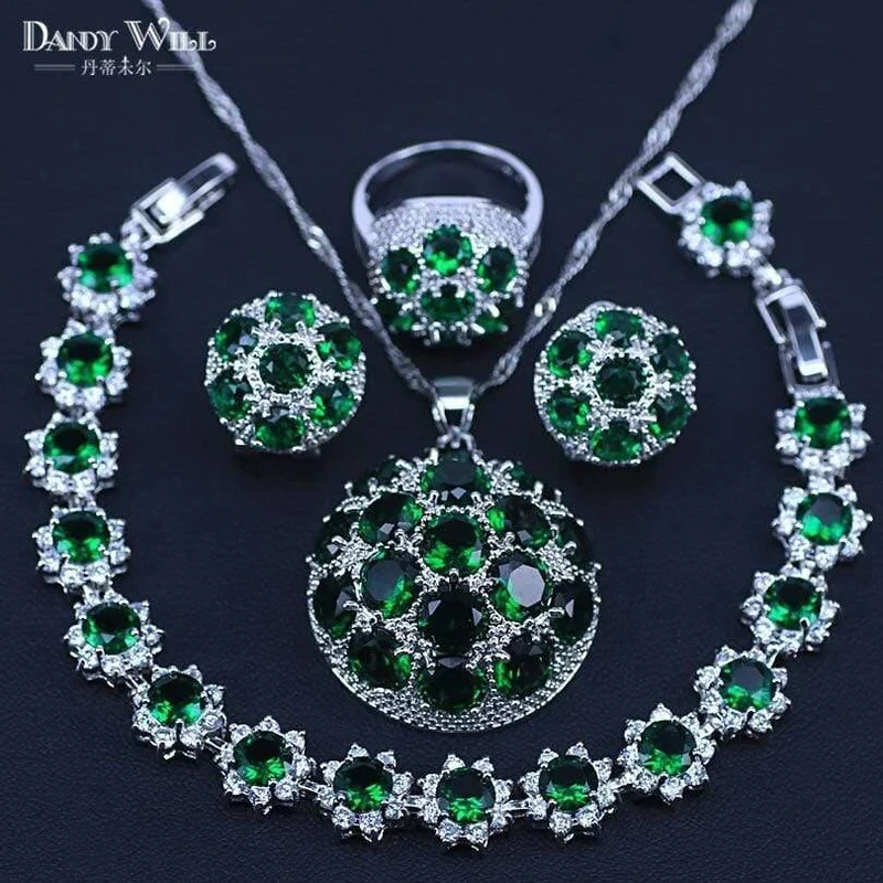 925 Silber Modeschmuck Set Schöne Runde CZ Stein und Grün Kristall Halskette Ohrring Set Für Frauen Anwesend