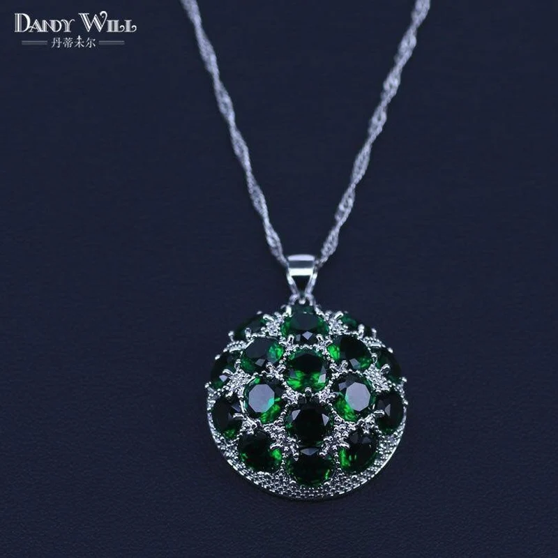 925 Silber Modeschmuck Set Schöne Runde CZ Stein und Grün Kristall Halskette Ohrring Set Für Frauen Anwesend