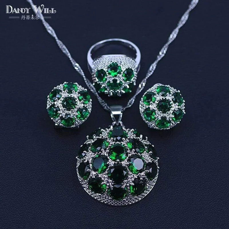 925 Silber Modeschmuck Set Schöne Runde CZ Stein und Grün Kristall Halskette Ohrring Set Für Frauen Anwesend