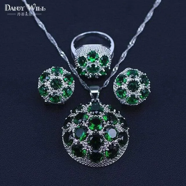925 Silber Modeschmuck Set Schöne Runde CZ Stein und Grün Kristall Halskette Ohrring Set Für Frauen Anwesend