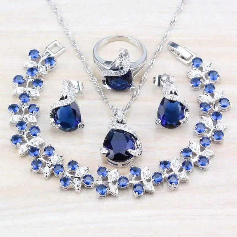 925 Silber Modeschmuck-Sets für Damen, Armbänder/Halskette/Anhänger/Ohrstecker/Ringe mit natürlichem blauem Stein, CZ-Hochzeitsset