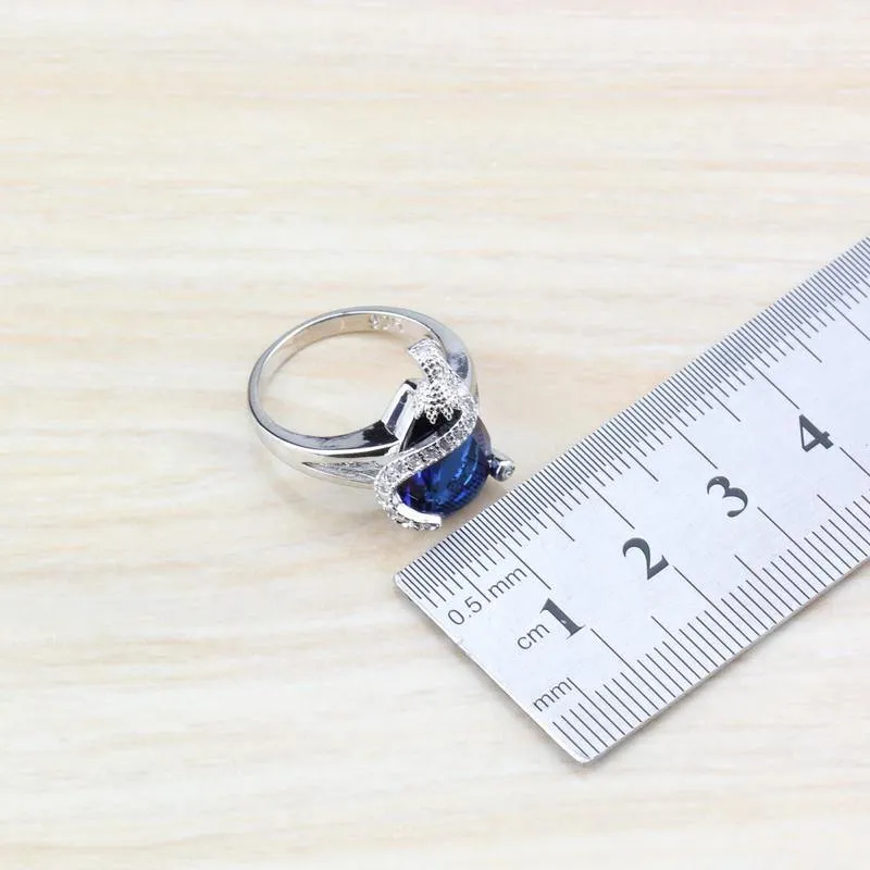 925 Silber Modeschmuck-Sets für Damen, Armbänder/Halskette/Anhänger/Ohrstecker/Ringe mit natürlichem blauem Stein, CZ-Hochzeitsset