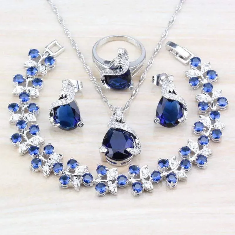 925 Silber Modeschmuck-Sets für Damen, Armbänder/Halskette/Anhänger/Ohrstecker/Ringe mit natürlichem blauem Stein, CZ-Hochzeitsset