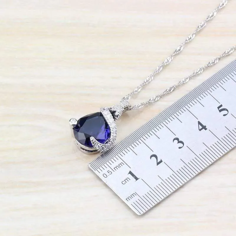 925 Silber Modeschmuck-Sets für Damen, Armbänder/Halskette/Anhänger/Ohrstecker/Ringe mit natürlichem blauem Stein, CZ-Hochzeitsset