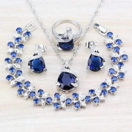 925 Silber Modeschmuck-Sets für Damen, Armbänder/Halskette/Anhänger/Ohrstecker/Ringe mit natürlichem blauem Stein, CZ-Hochzeitsset