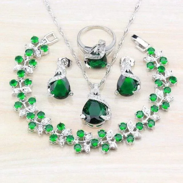 925 Silber Modeschmuck-Sets für Damen, Armbänder/Halskette/Anhänger/Ohrstecker/Ringe mit natürlichem blauem Stein, CZ-Hochzeitsset