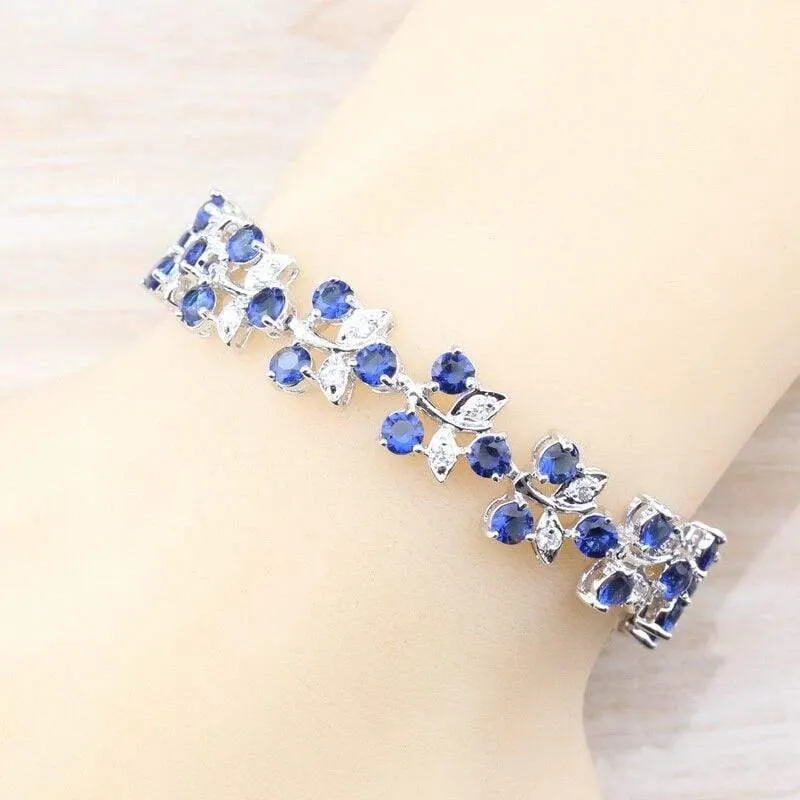 925 Silber Modeschmuck-Sets für Damen, Armbänder/Halskette/Anhänger/Ohrstecker/Ringe mit natürlichem blauem Stein, CZ-Hochzeitsset