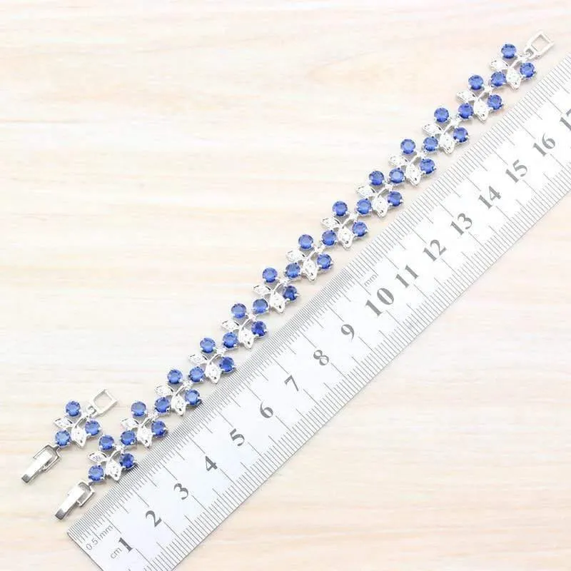 925 Silber Modeschmuck-Sets für Damen, Armbänder/Halskette/Anhänger/Ohrstecker/Ringe mit natürlichem blauem Stein, CZ-Hochzeitsset