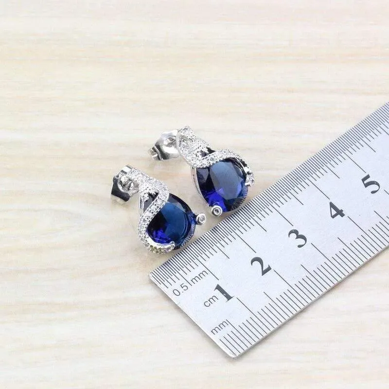 925 Silber Modeschmuck-Sets für Damen, Armbänder/Halskette/Anhänger/Ohrstecker/Ringe mit natürlichem blauem Stein, CZ-Hochzeitsset