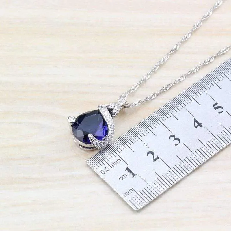 925 Silber Modeschmuck-Sets für Damen, Armbänder/Halskette/Anhänger/Ohrstecker/Ringe mit natürlichem blauem Stein, CZ-Hochzeitsset