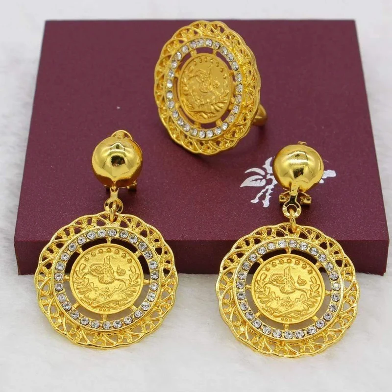 Halskette/Ohrring/Ring/Armband-Schmucksets für Frauen, goldfarbene Münzen, arabische/afrikanische Braut-Hochzeitsgeschenke