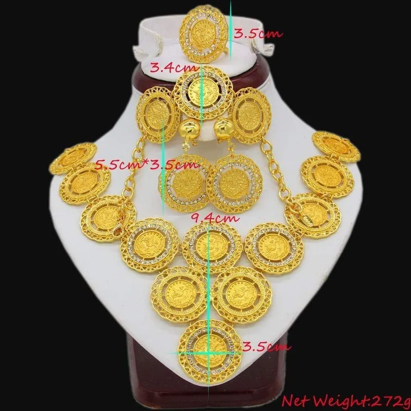 Halskette/Ohrring/Ring/Armband-Schmucksets für Frauen, goldfarbene Münzen, arabische/afrikanische Braut-Hochzeitsgeschenke