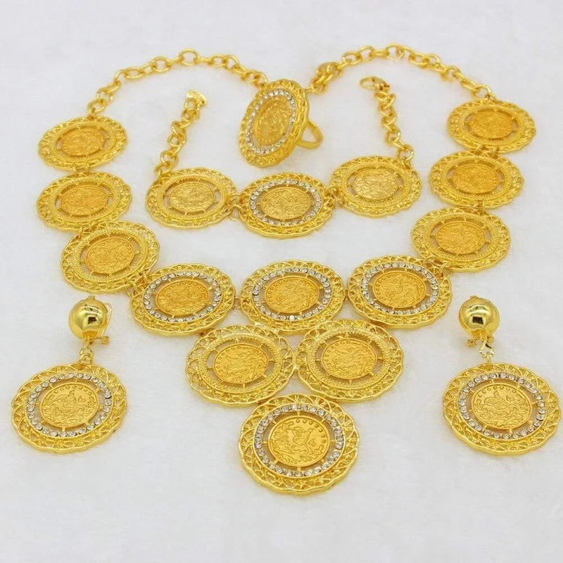 Halskette/Ohrring/Ring/Armband-Schmucksets für Frauen, goldfarbene Münzen, arabische/afrikanische Braut-Hochzeitsgeschenke