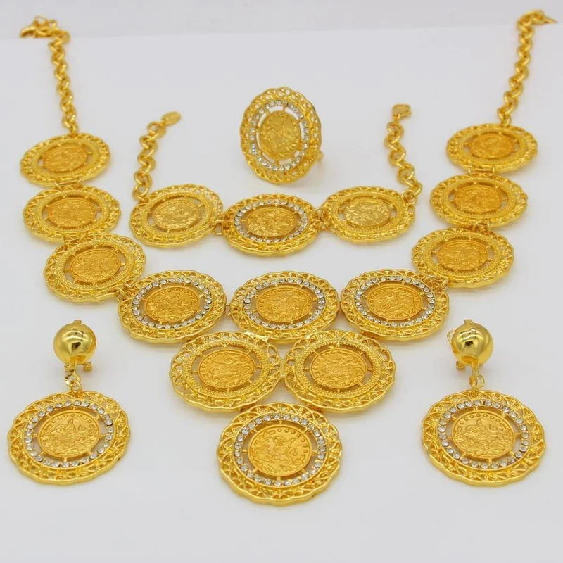 Halskette/Ohrring/Ring/Armband-Schmucksets für Frauen, goldfarbene Münzen, arabische/afrikanische Braut-Hochzeitsgeschenke