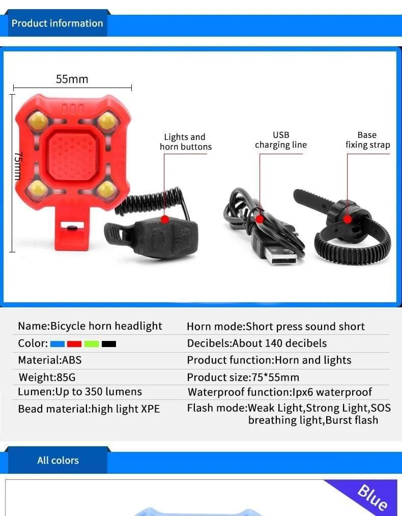 Fahrradklingel, 4 Lampen, Radfahren, Licht, elektrische Hupe, wasserdicht, USB-Aufladung, lauter Alarm, Sicherheit, Fahrradklingel, Geräusche, Fahrradzubehör