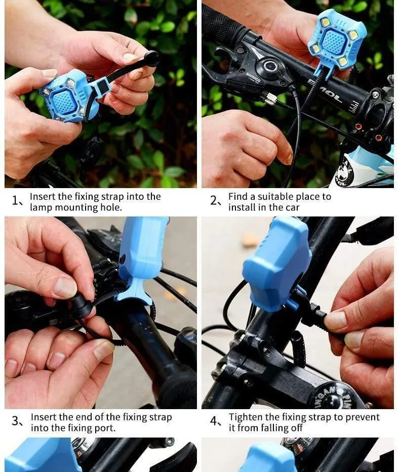 Fahrradklingel, 4 Lampen, Radfahren, Licht, elektrische Hupe, wasserdicht, USB-Aufladung, lauter Alarm, Sicherheit, Fahrradklingel, Geräusche, Fahrradzubehör