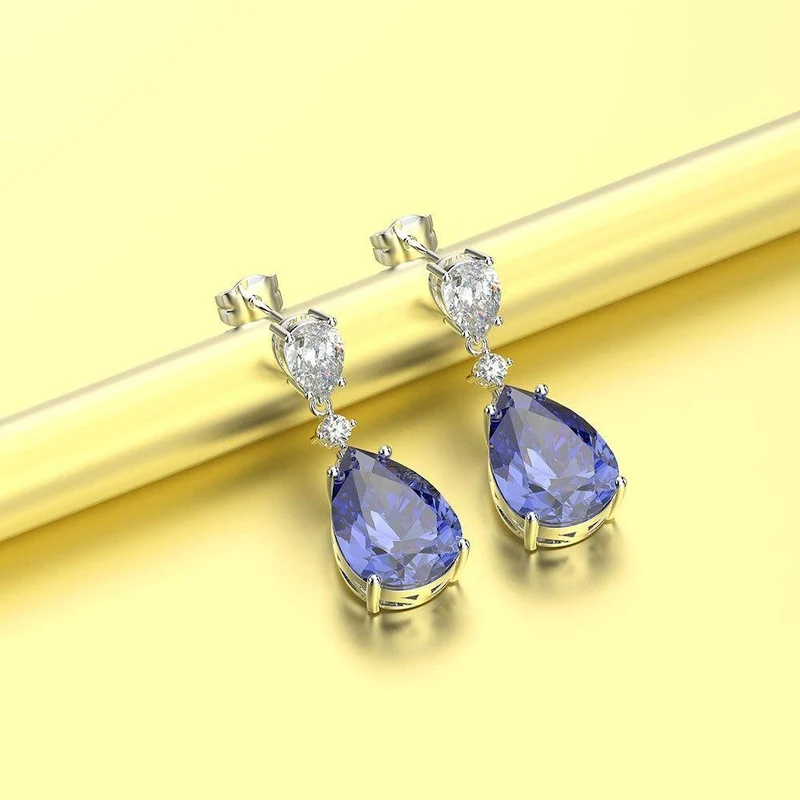 925 Sterling Silber Saphir Edelstein Tropfen Baumeln Diamanten Jubiläum Ohrringe Feiner Schmuck Geschenk Großhandel