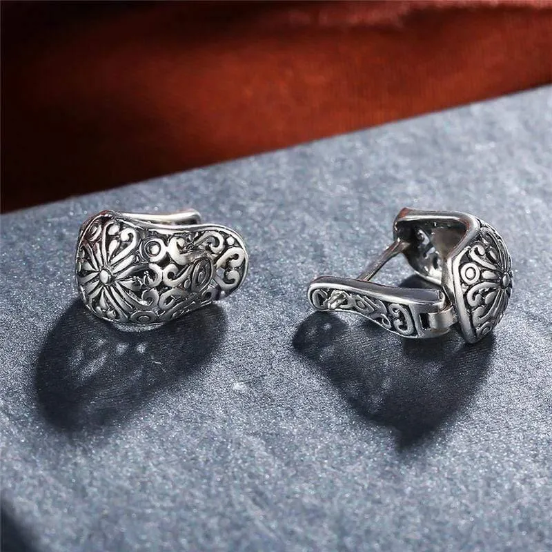 Vintage-Schmuck-Ohrring, nationales Element, tibetische Schnitzerei, hohl, Retro-Ohrringe aus 925er Sterlingsilber für Mädchen