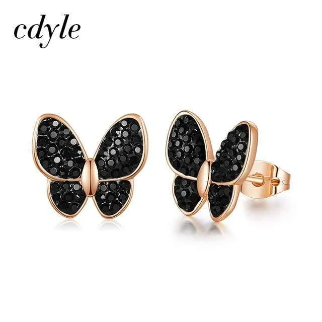 Modeschmuck Damen Ohrringe Glänzender Schwarzer Kristall Vergoldet Schmetterling Insekt Ohrringe Ohrstecker