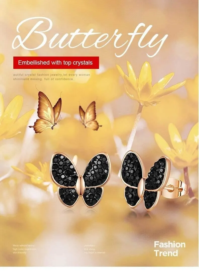 Modeschmuck Damen Ohrringe Glänzender Schwarzer Kristall Vergoldet Schmetterling Insekt Ohrringe Ohrstecker