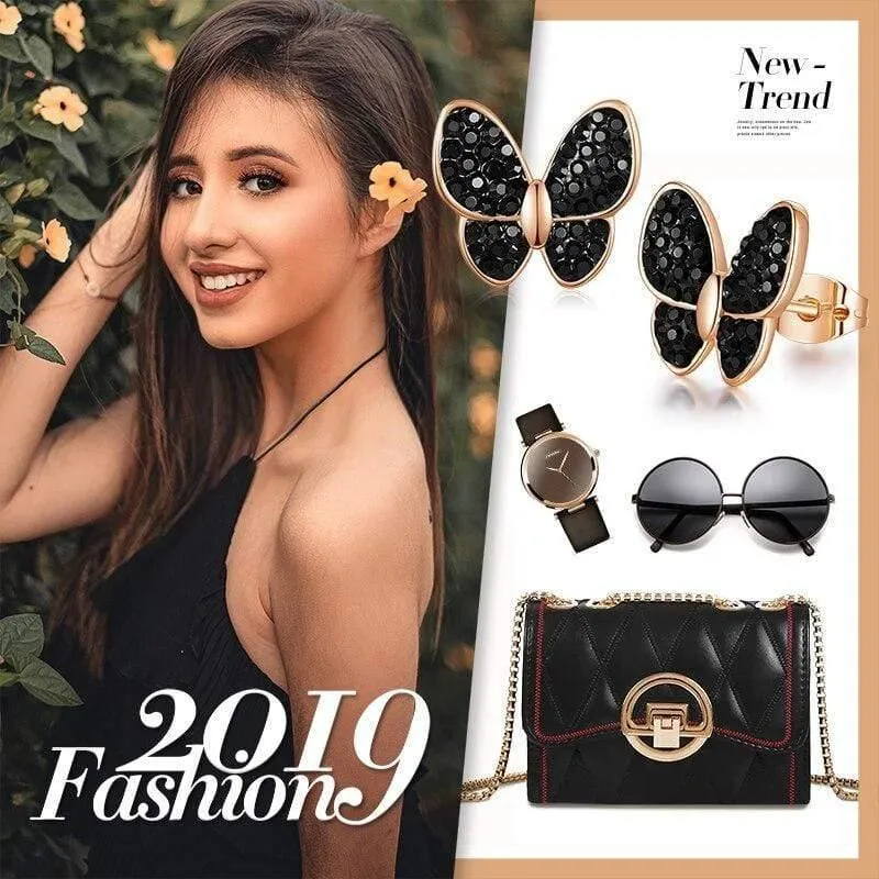 Modeschmuck Damen Ohrringe Glänzender Schwarzer Kristall Vergoldet Schmetterling Insekt Ohrringe Ohrstecker