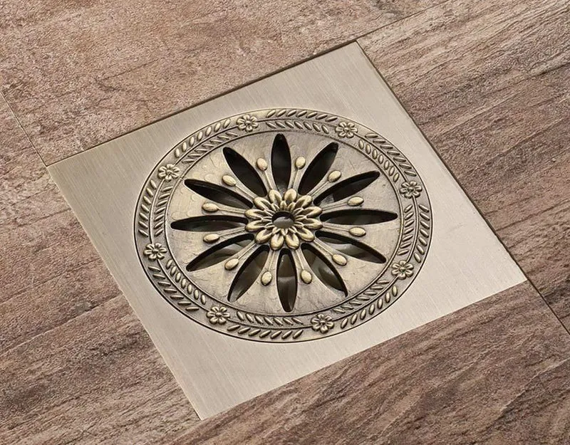10 * 10 cm Bodenabläufe, quadratisch, Badabläufe, Sieb, Haar, antikes Messing, geschnitzt, Badezimmer-Bodenablauf, Abfallrost, Abfluss Y38083 (Y38083)