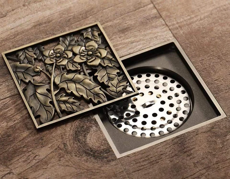 Duschrinnen 10 * 10cm Badablauf Schmutzfänger Haar Antik Messing Blume Geschnitzt Bad Bodenablauf Abfall Rostablauf Y38067