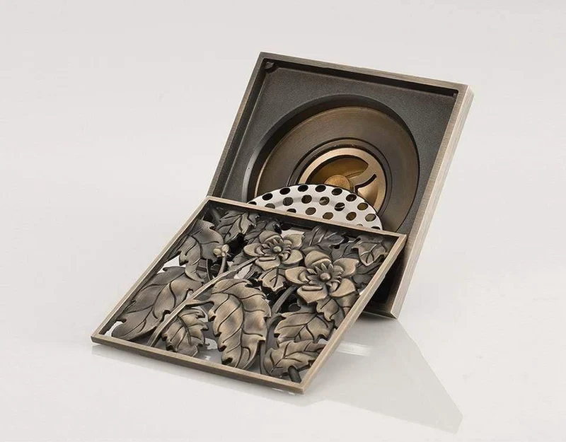 Duschrinnen 10 * 10cm Badablauf Schmutzfänger Haar Antik Messing Blume Geschnitzt Bad Bodenablauf Abfall Rostablauf Y38067