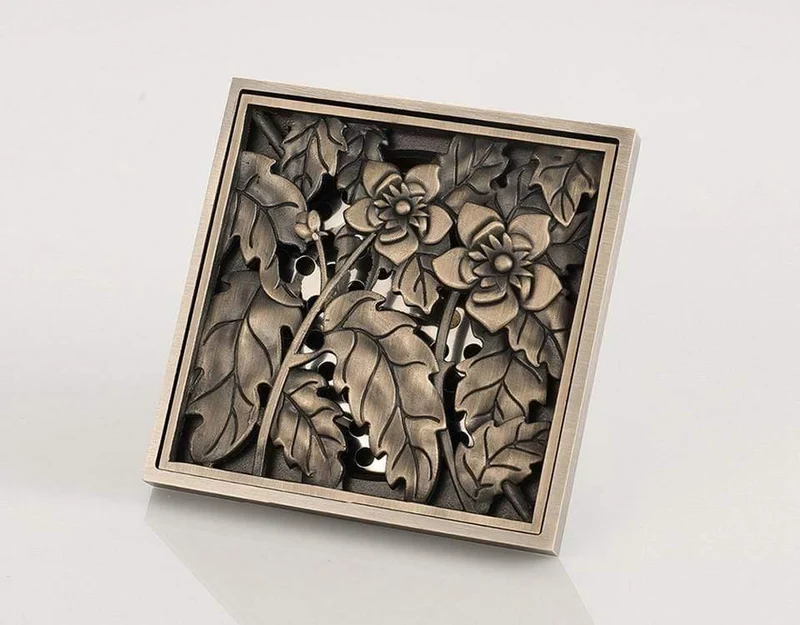 Duschrinnen 10 * 10cm Badablauf Schmutzfänger Haar Antik Messing Blume Geschnitzt Bad Bodenablauf Abfall Rostablauf Y38067
