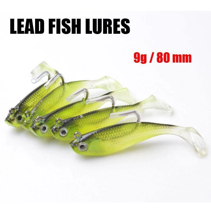 5 Teile/los 3D Augen Blei Angeln Lockt Mit T Schwanz Weiche Angeln Locken Einzel Haken Köder künstliche köder jig wobbler gummi 80mm/9g