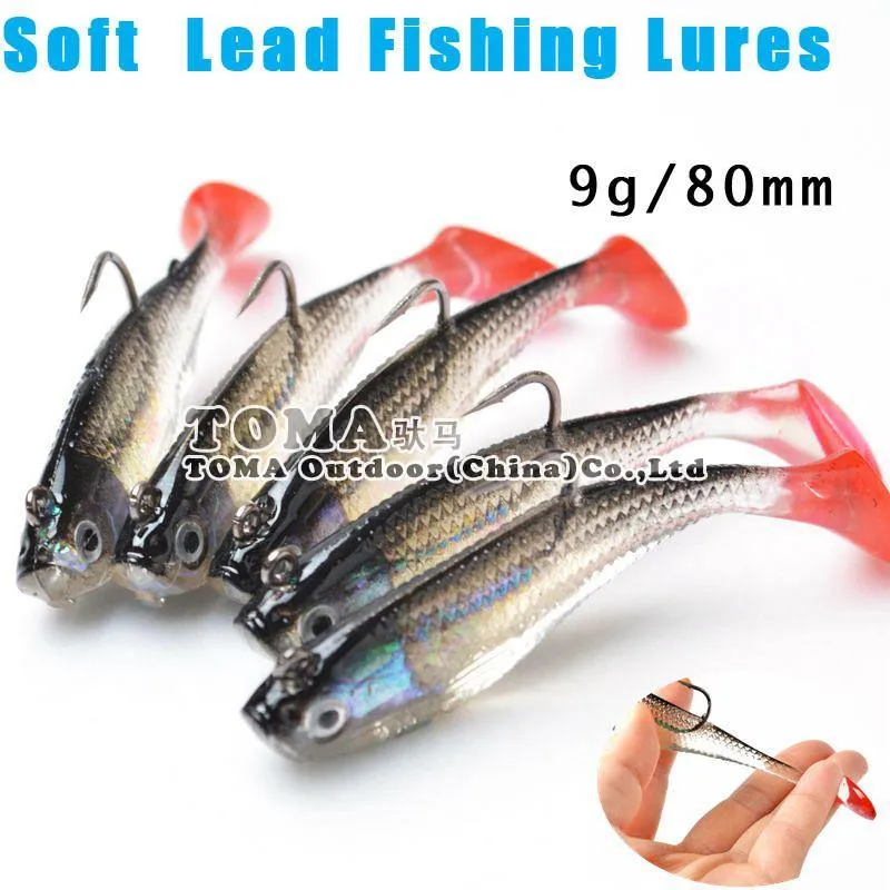5 Teile/los 3D Augen Blei Angeln Lockt Mit T Schwanz Weiche Angeln Locken Einzel Haken Köder künstliche köder jig wobbler gummi 80mm/9g