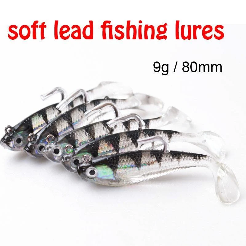 5 Teile/los 3D Augen Blei Angeln Lockt Mit T Schwanz Weiche Angeln Locken Einzel Haken Köder künstliche köder jig wobbler gummi 80mm/9g