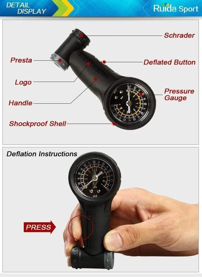 160 PSI Professionelles Fahrrad-Reifenmessgerät mit Schrader-Presta-Ventilen, Luftdruckmessgerät, Barometer, Fahrradzubehör für Rennräder