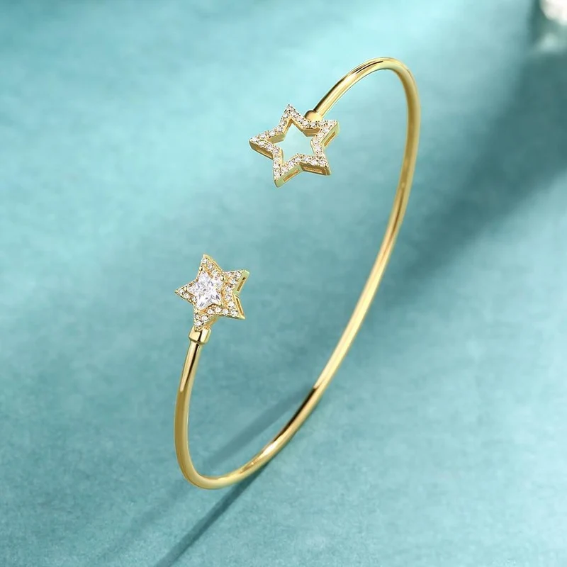 925 Sterling Silber Luxus Armreif für Frauen 14K Gold verstellbar Zirkon Diamant Edelstein Schmuck Stern Armband