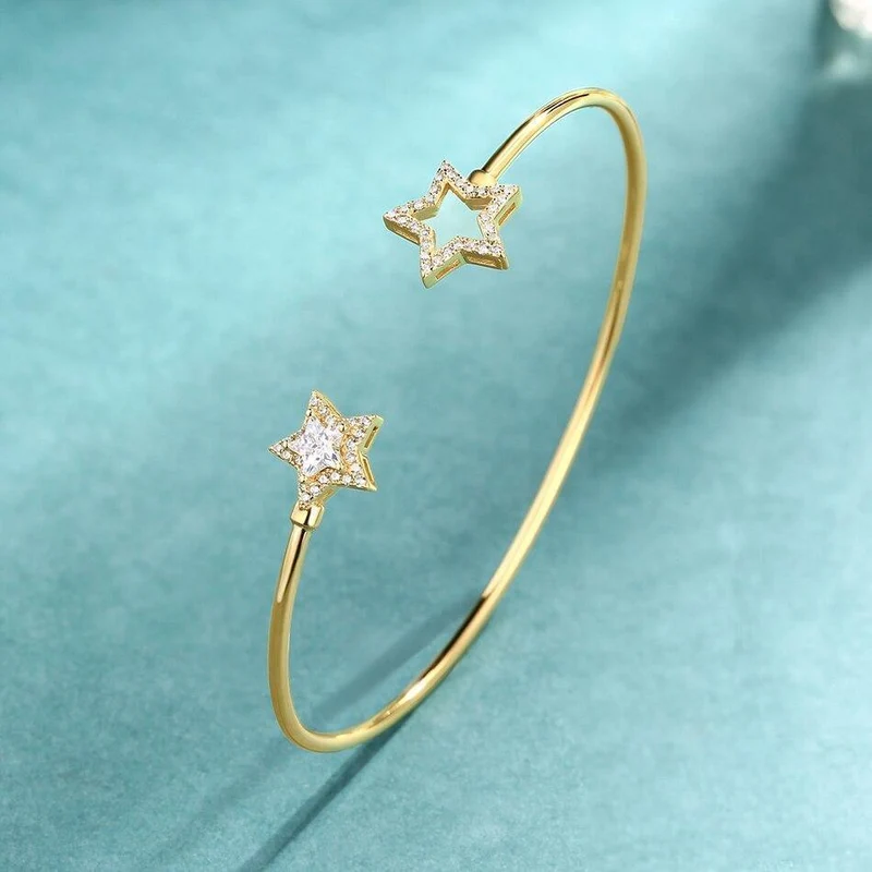 925 Sterling Silber Luxus Armreif für Frauen 14K Gold verstellbar Zirkon Diamant Edelstein Schmuck Stern Armband