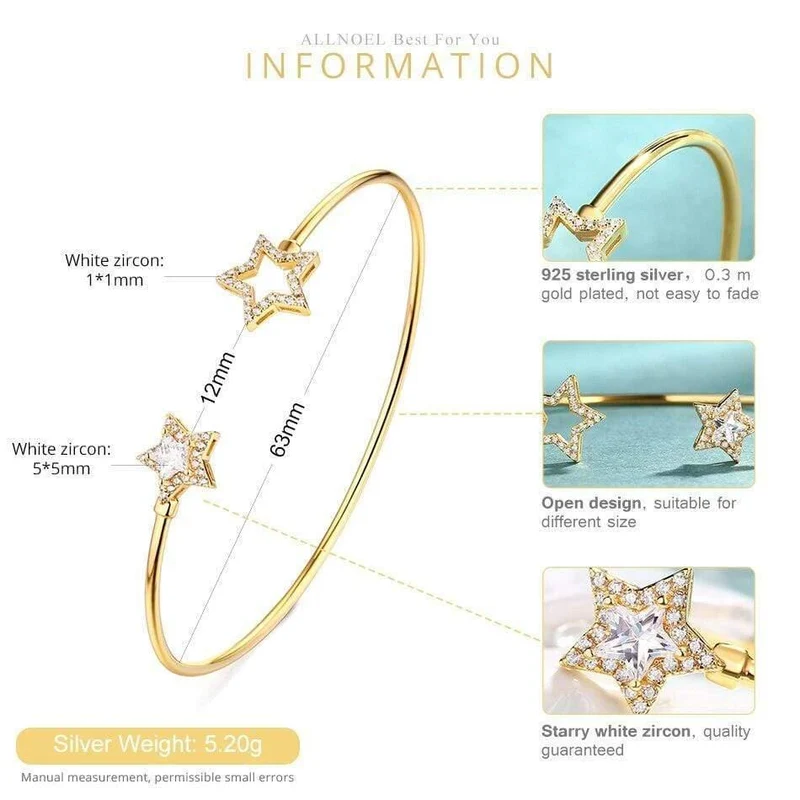 925 Sterling Silber Luxus Armreif für Frauen 14K Gold verstellbar Zirkon Diamant Edelstein Schmuck Stern Armband