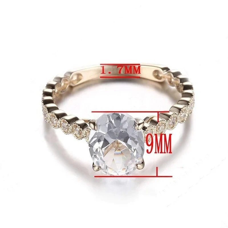 925-zertifizierter ovaler Schliff, 9 x 7 mm, 2.16 ct, 100 % echter weißer Topas, echter Diamant, Verlobungsring, edler Schmuck
