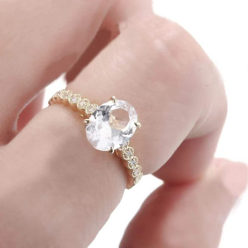 925-zertifizierter ovaler Schliff, 9 x 7 mm, 2.16 ct, 100 % echter weißer Topas, echter Diamant, Verlobungsring, edler Schmuck