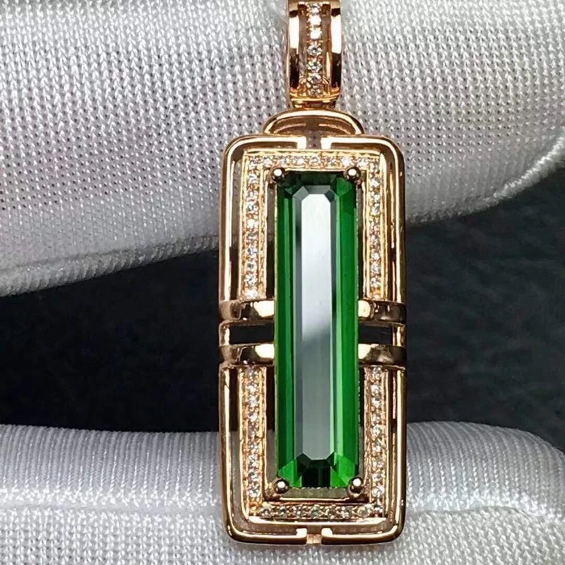 18 K, 100 % natürlicher grüner Turmalin, 3.2 ct, brasilianischer Ursprung, Diamanten, Edelstein, Diamant-Damen-Anhänger-Halsketten