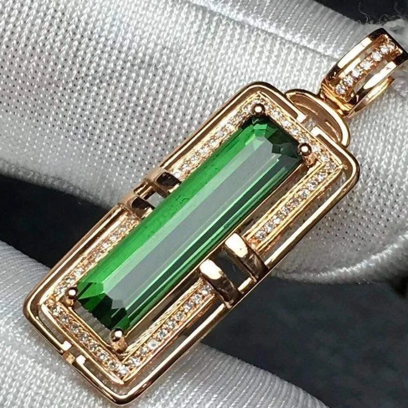 18 K, 100 % natürlicher grüner Turmalin, 3.2 ct, brasilianischer Ursprung, Diamanten, Edelstein, Diamant-Damen-Anhänger-Halsketten