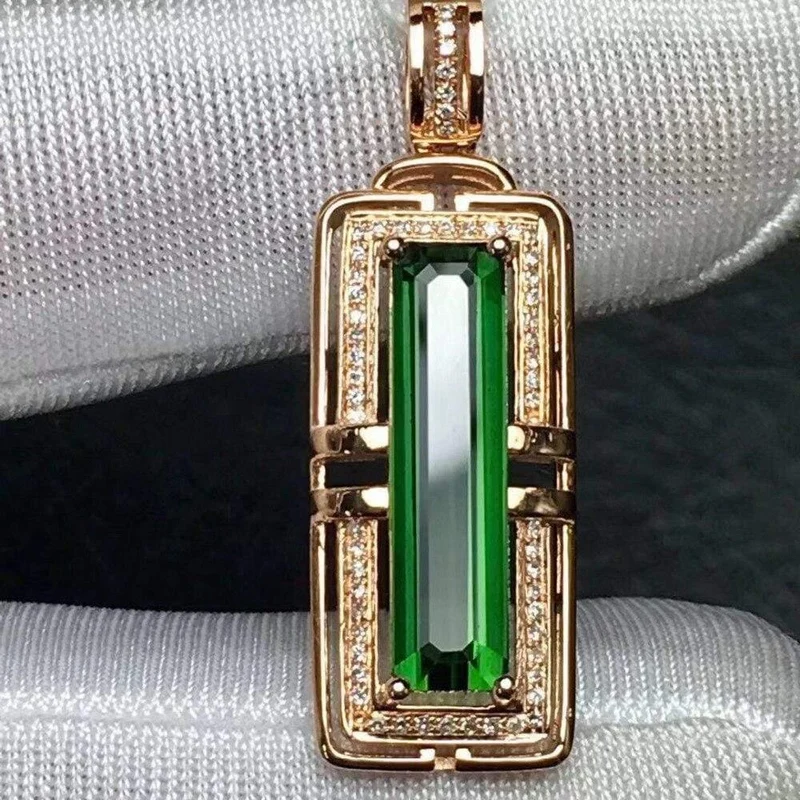 18 K, 100 % natürlicher grüner Turmalin, 3.2 ct, brasilianischer Ursprung, Diamanten, Edelstein, Diamant-Damen-Anhänger-Halsketten