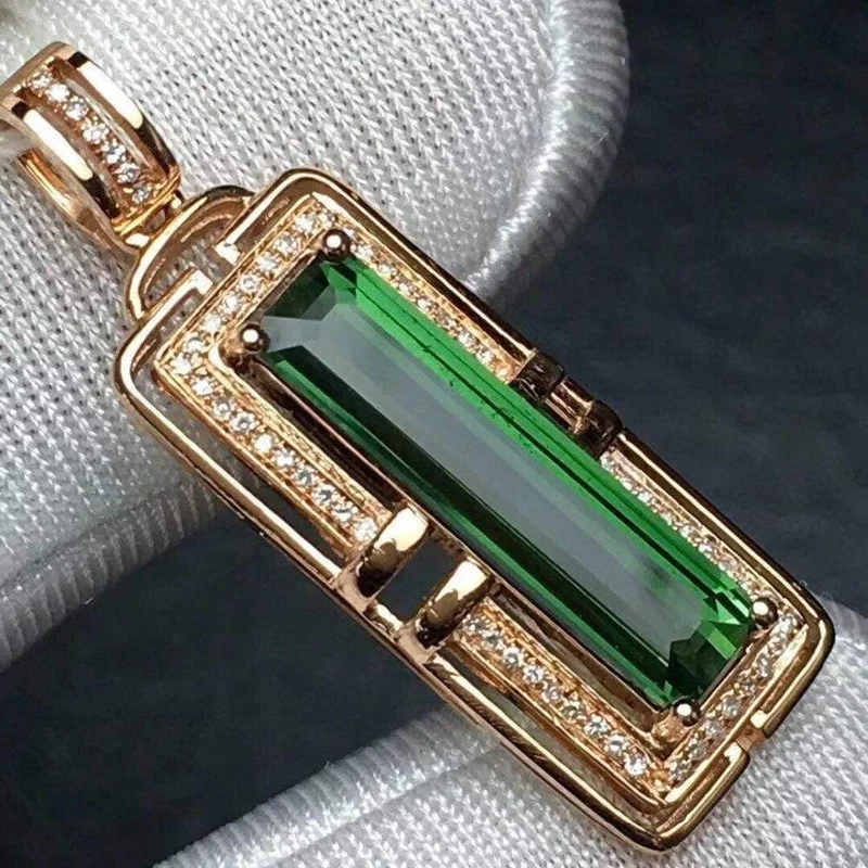 18 K, 100 % natürlicher grüner Turmalin, 3.2 ct, brasilianischer Ursprung, Diamanten, Edelstein, Diamant-Damen-Anhänger-Halsketten