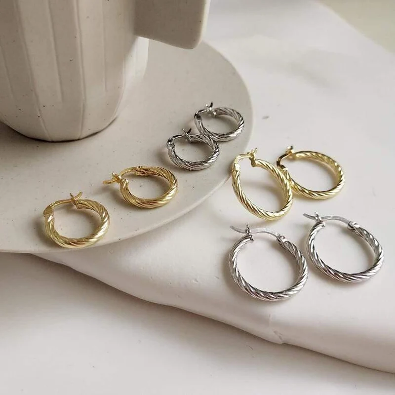 Silber Gold Twist Runde Creolen für Frauen Genuine 925 Sterling Silber Kreis Ohrringe für Frauen Paar Ohrring Ohr