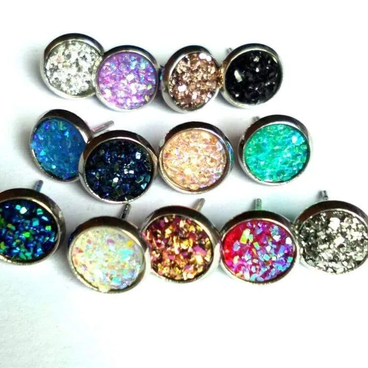 8mm 12 Farben Edelstahl Tiny Drusy Ohrstecker Round Cut Faux Druzy Ohrringe für Frauen 50 Paare / Los