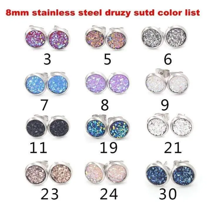 8mm 12 Farben Edelstahl Tiny Drusy Ohrstecker Round Cut Faux Druzy Ohrringe für Frauen 50 Paare / Los