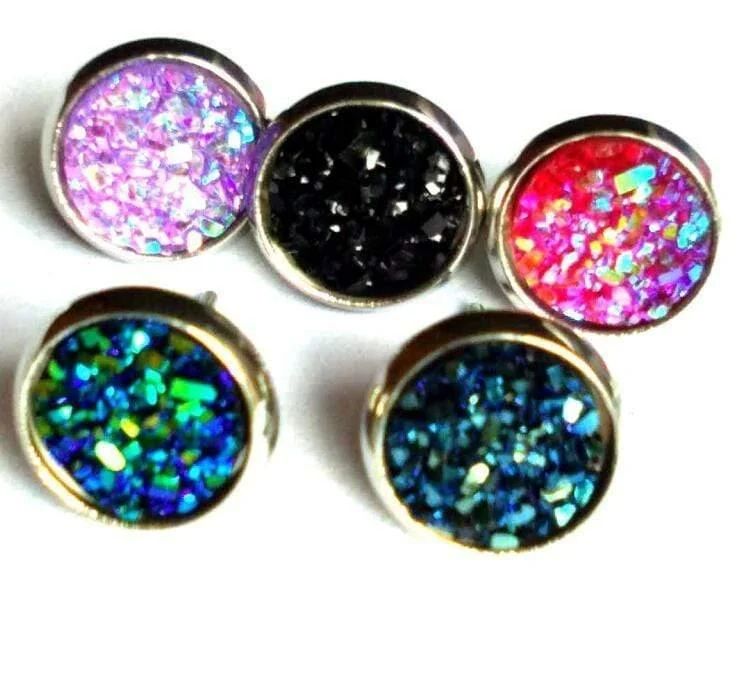 8mm 12 Farben Edelstahl Tiny Drusy Ohrstecker Round Cut Faux Druzy Ohrringe für Frauen 50 Paare / Los