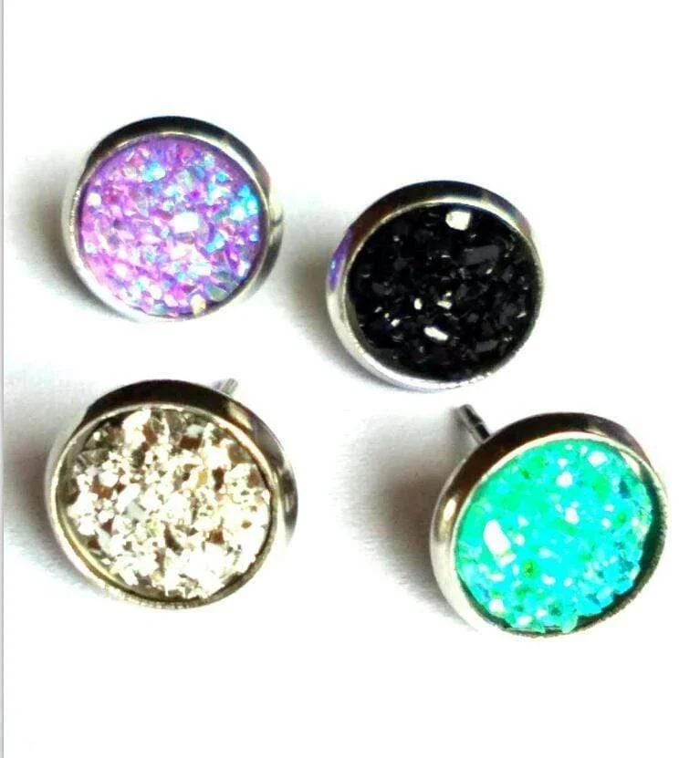 8mm 12 Farben Edelstahl Tiny Drusy Ohrstecker Round Cut Faux Druzy Ohrringe für Frauen 50 Paare / Los